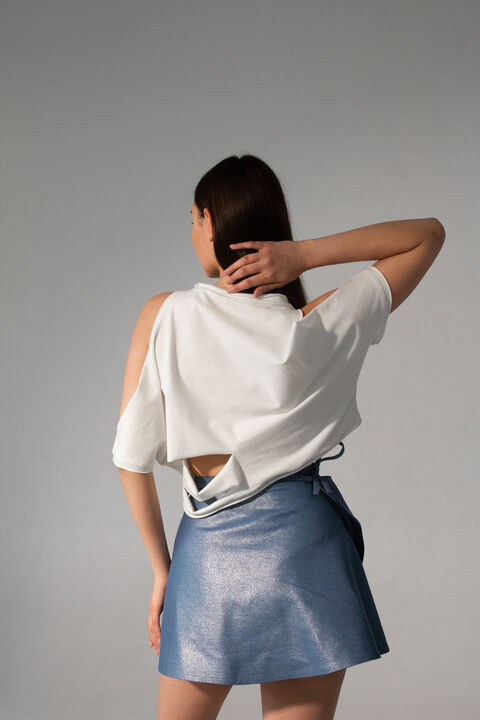 Denim skirt with metallic coating