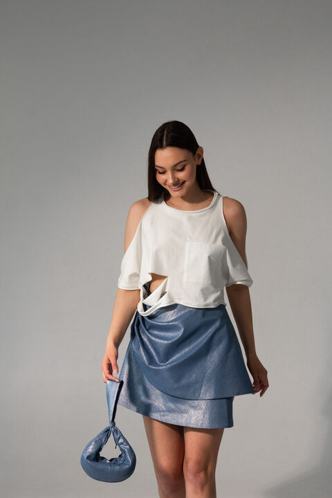 Denim skirt with metallic coating