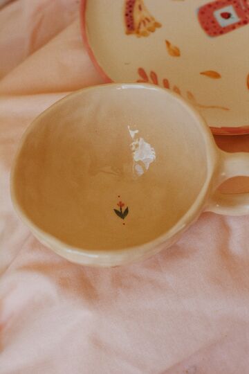 Набір чашка та тарілочка з рожевими тюльпанами