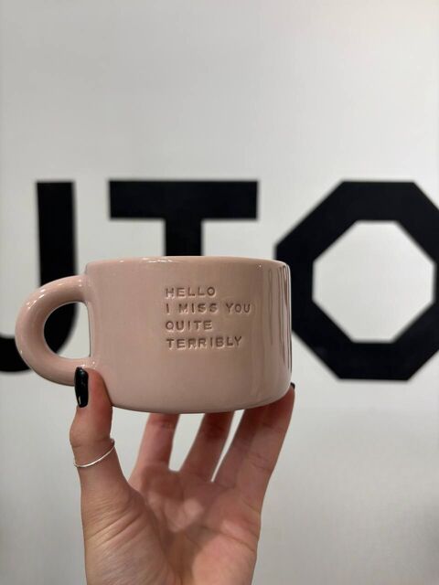 Pink cup "Hello i miss you quite terrible"