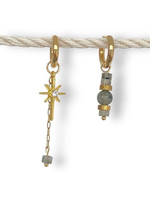Асиметричні сережки з лаблодариту та позолоченою підвіскою зірка
