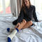 Hand-knitted socks made of natural wool beige with electric blue