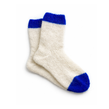Hand-knitted socks made of natural wool beige with electric blue