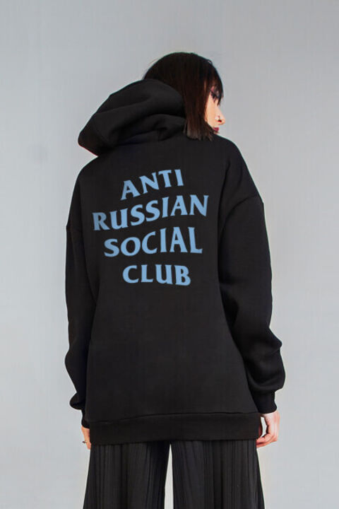 ARSC black oversized hoodie featuring a light blue back logo
