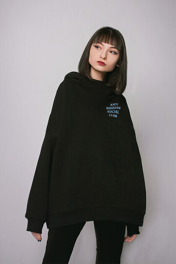ARSC black oversized hoodie featuring a light blue back logo
