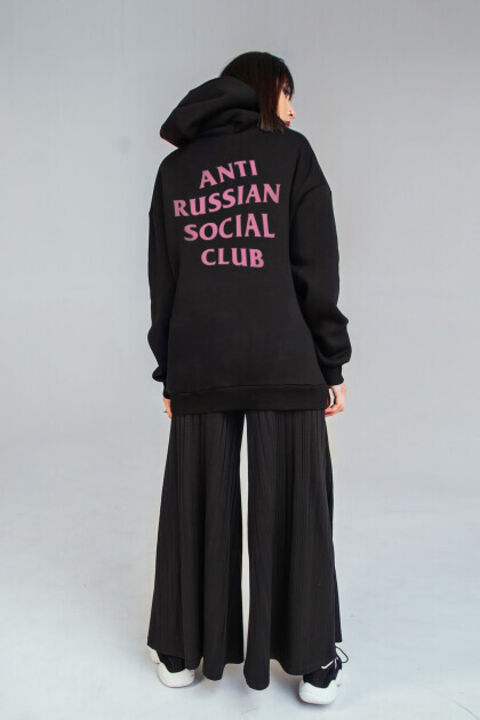 Чорне оверсайз худі ARSC з рожевим лого на спині