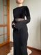Long black dress with sheer inserts
