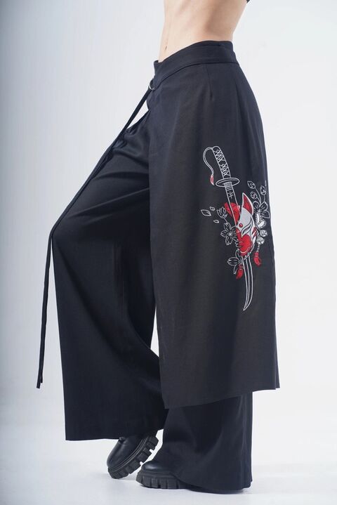 Широкі брюки з льону та вишивкою "Кадзукі"