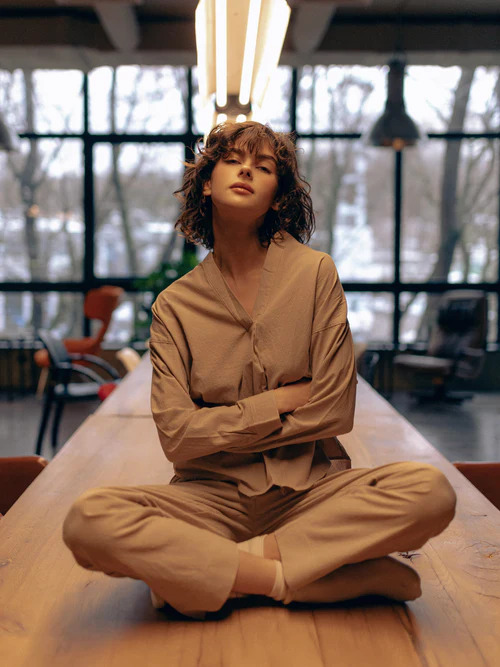 Women's pajamas made of boiled cotton  Almond