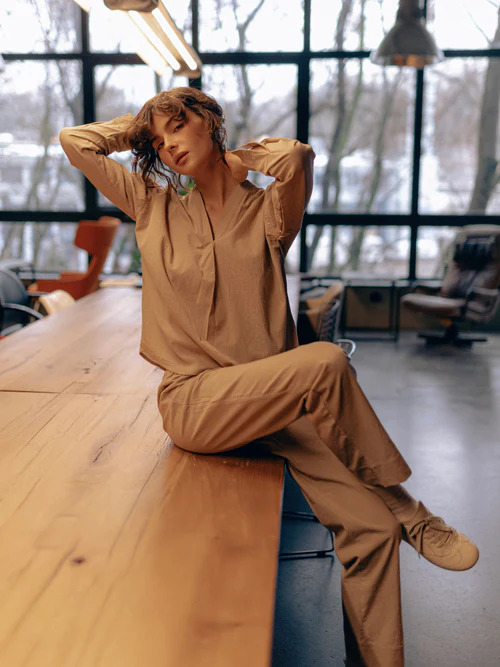 Women's pajamas made of boiled cotton  Almond