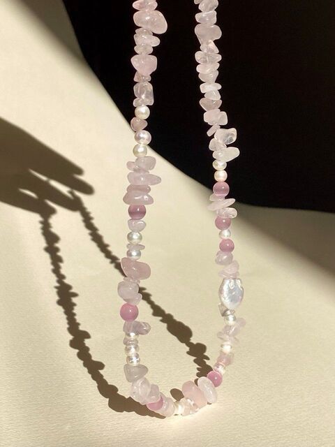 Кольє з рожевого кварцу і перлів Сotton candy
