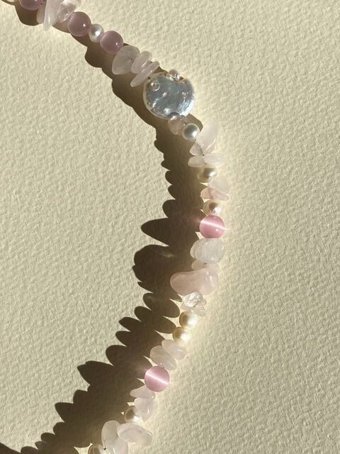 Кольє з рожевого кварцу і перлів Сotton candy