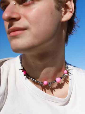 Choker Pink Bead Steel Spikes