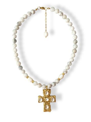 Акцентне намисто з сірого агату з масивною хрестоподібною підвіскою
