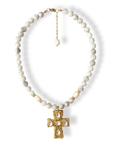 Акцентне намисто з сірого агату з масивною хрестоподібною підвіскою